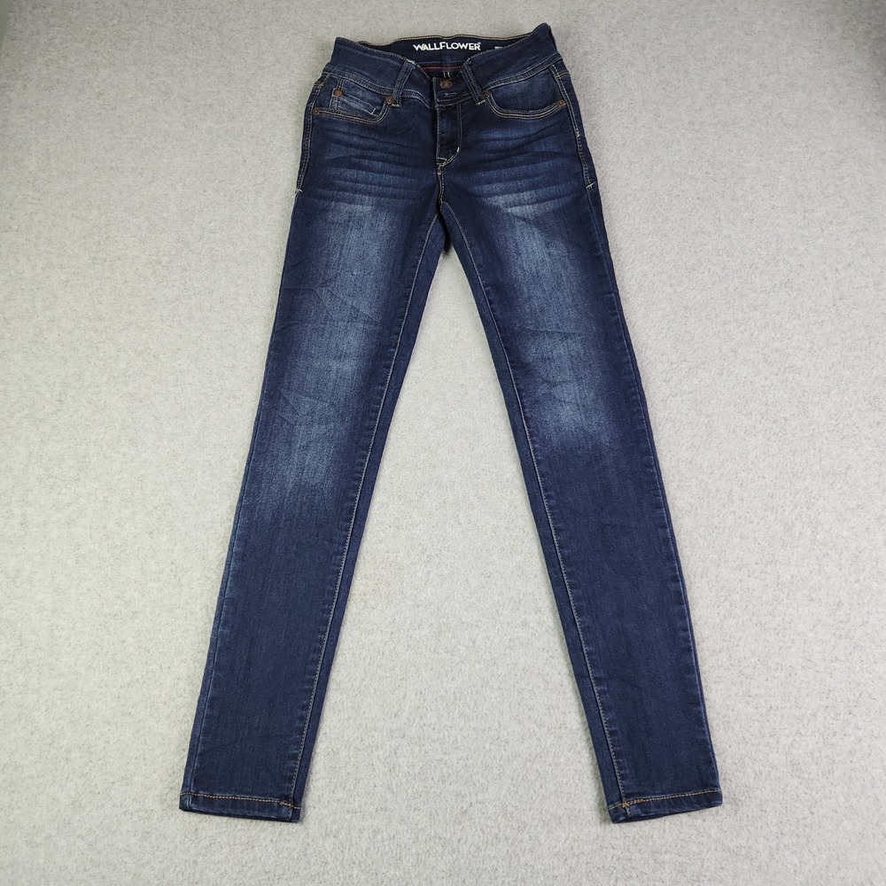 WallFlower Jeans Women's 0 Blue Denim Whiskered Mid Rise Super Stretch Skinny
